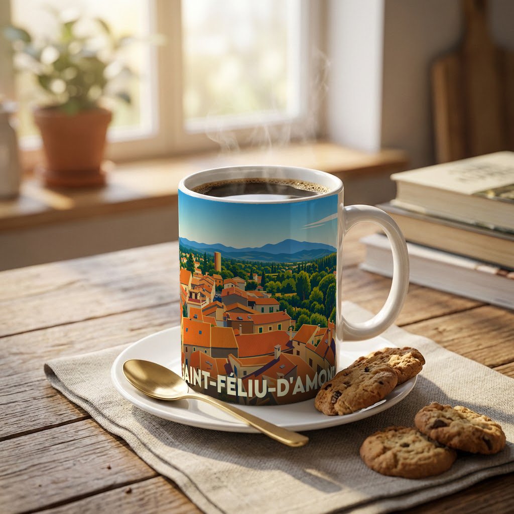 Mug souvenir de la ville de Saint-Féliu-d'Amont illustré d'un paysage urbain coloré et panoramique.