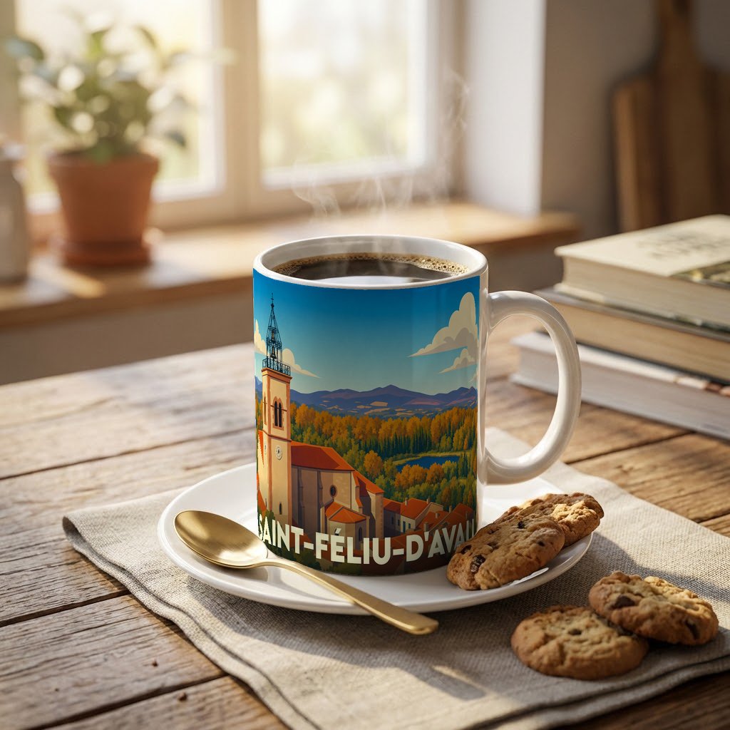 Mug souvenir de la ville de Saint-Féliu-d'Avall avec une illustration stylisée d'un paysage automnal.