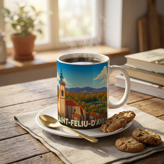 Mug souvenir de la ville de Saint-Féliu-d'Avall avec une illustration stylisée d'un paysage automnal.