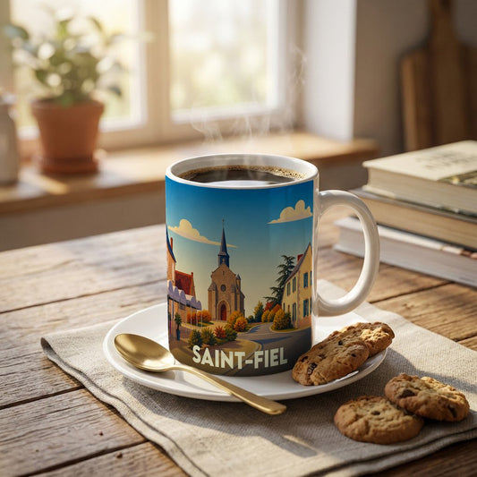 Mug souvenir de la ville de Saint-Fiel orné d'une illustration stylisée de son église et de ses maisons.