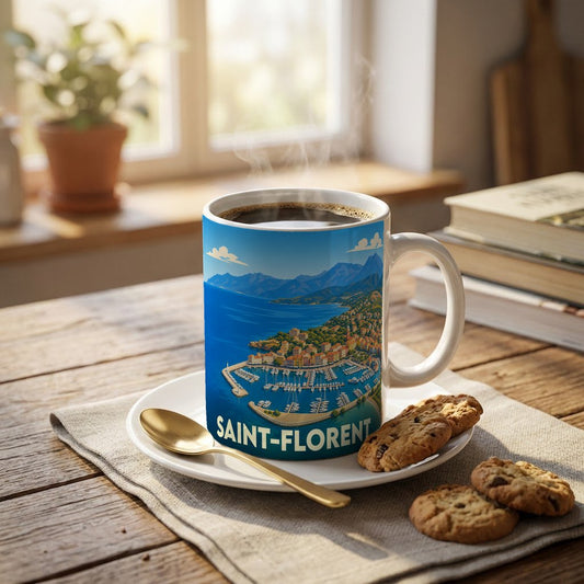 Mug souvenir de la ville de Saint-Florent avec une illustration stylisée de son port et de ses montagnes.