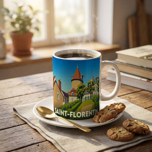 Mug souvenir de la ville de Saint-Florentin orné d'une illustration stylisée de son architecture.