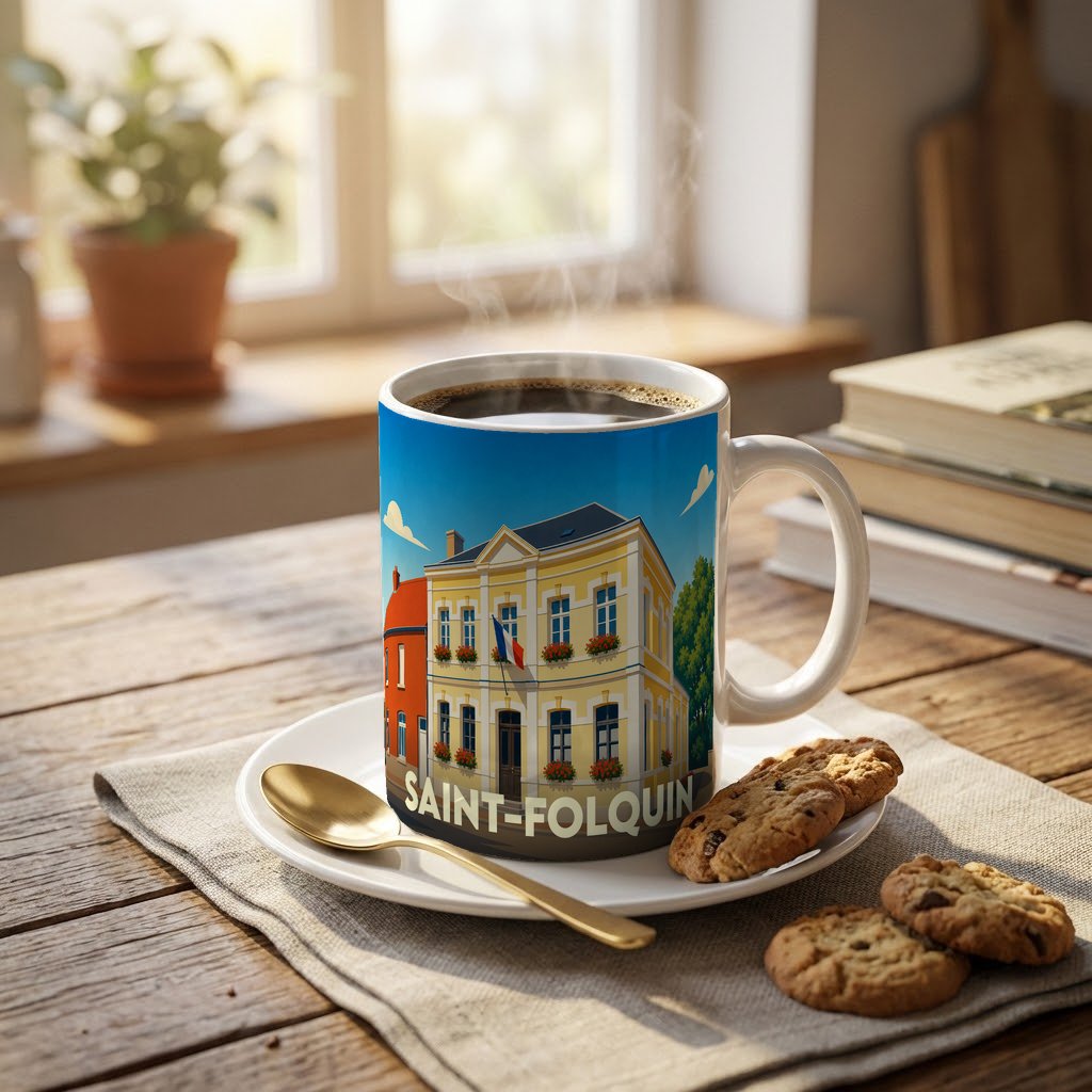 Mug souvenir de la ville de Saint-Folquin avec une illustration stylisée de sa mairie.