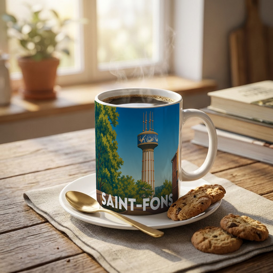 Mug souvenir de la ville de Saint-Fons avec une illustration stylisée.