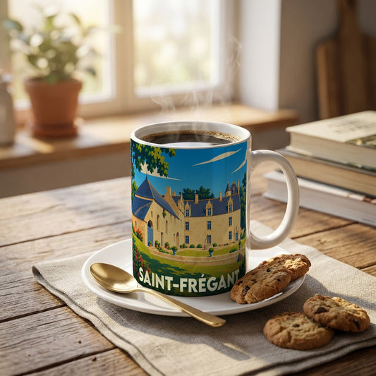Mug souvenir de la ville de Saint-Frégant orné d'une illustration stylisée de son patrimoine architectural.
