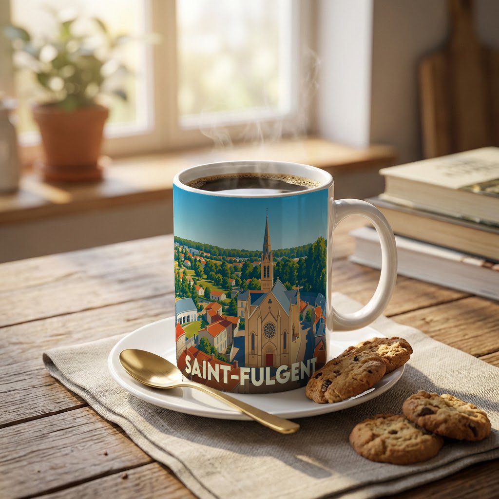 Mug souvenir de la ville de Saint-Fulgent orné d'une illustration stylisée de son église et de ses paysages.