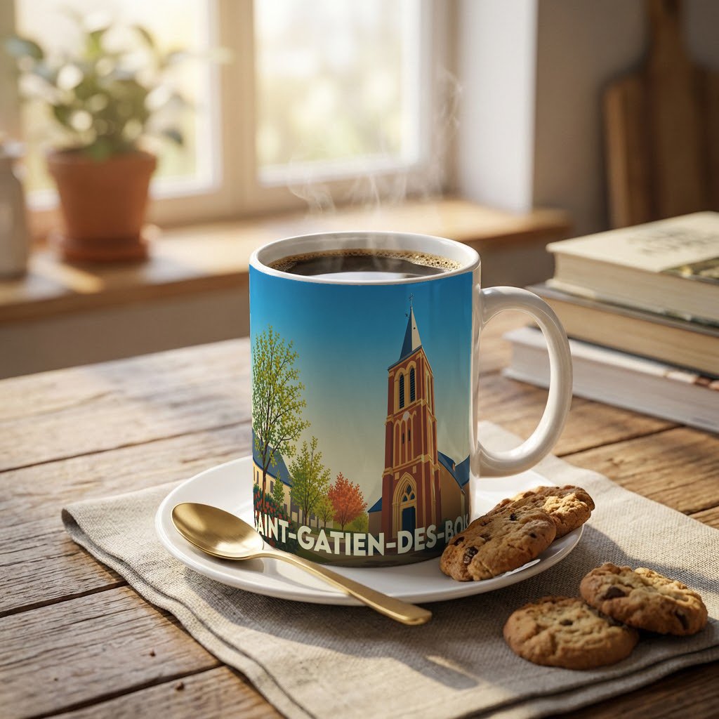 Mug souvenir de la ville de Saint-Gatien-des-Bois avec une illustration stylisée d'un clocher.