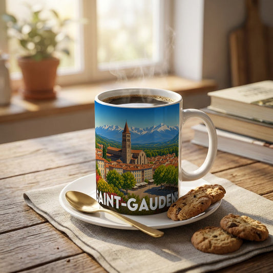 Mug souvenir de la ville de Saint-Gaudens avec une illustration stylisée.