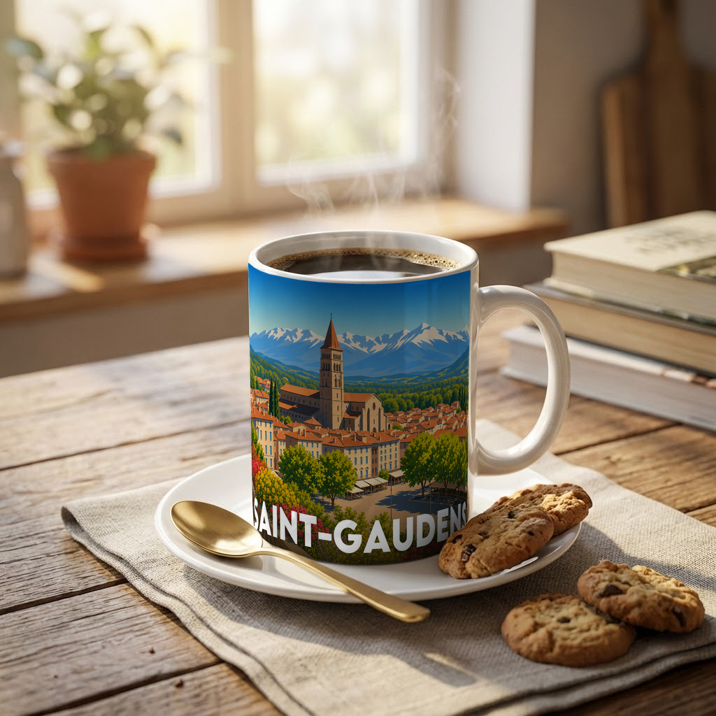 Mug souvenir de la ville de Saint-Gaudens avec une illustration stylisée.