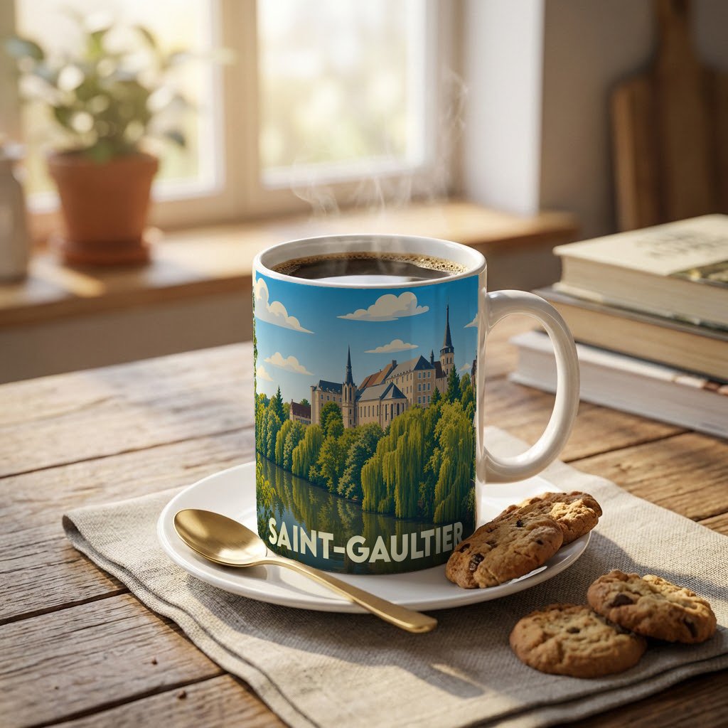Mug souvenir de la ville de Saint-Gaultier avec une illustration stylisée d'un château en bord de rivière.
