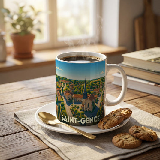 Mug souvenir de la ville de Saint-Gence orné d'une illustration panoramique stylisée.
