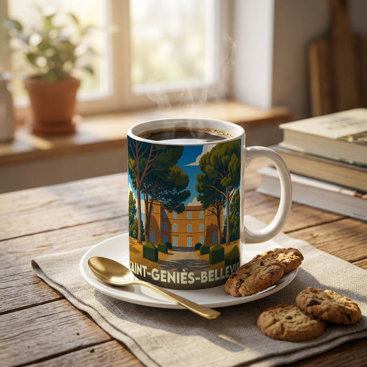 Mug souvenir de la ville de Saint-Geniès-Bellevue avec une illustration stylisée de son château.