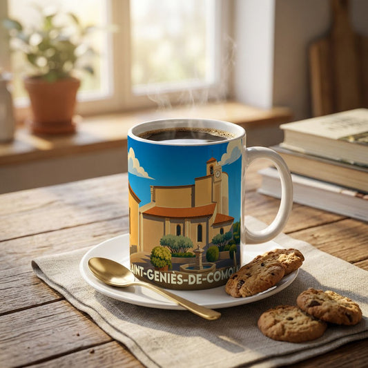 Mug souvenir de la ville de Saint-Geniès-de-Comolas avec une illustration stylisée d'une église provençale.