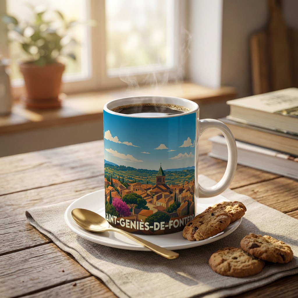 Mug souvenir de la ville de Saint-Geniès-de-Fontedit avec une illustration stylisée du village.