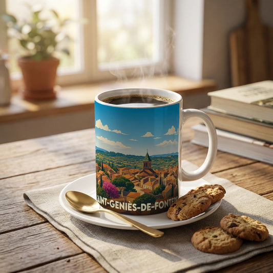 Mug souvenir de la ville de Saint-Geniès-de-Fontedit avec une illustration stylisée du village.