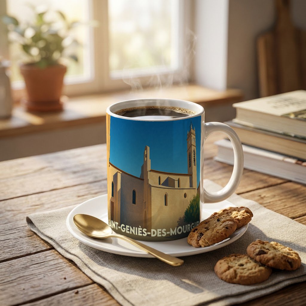 Mug souvenir de la ville de Saint-Geniès-des-Mourgues orné d'une illustration stylisée de son église.