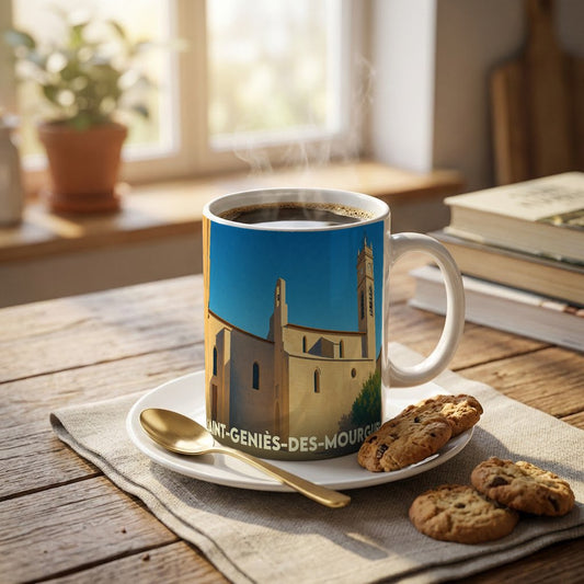 Mug souvenir de la ville de Saint-Geniès-des-Mourgues orné d'une illustration stylisée de son église.