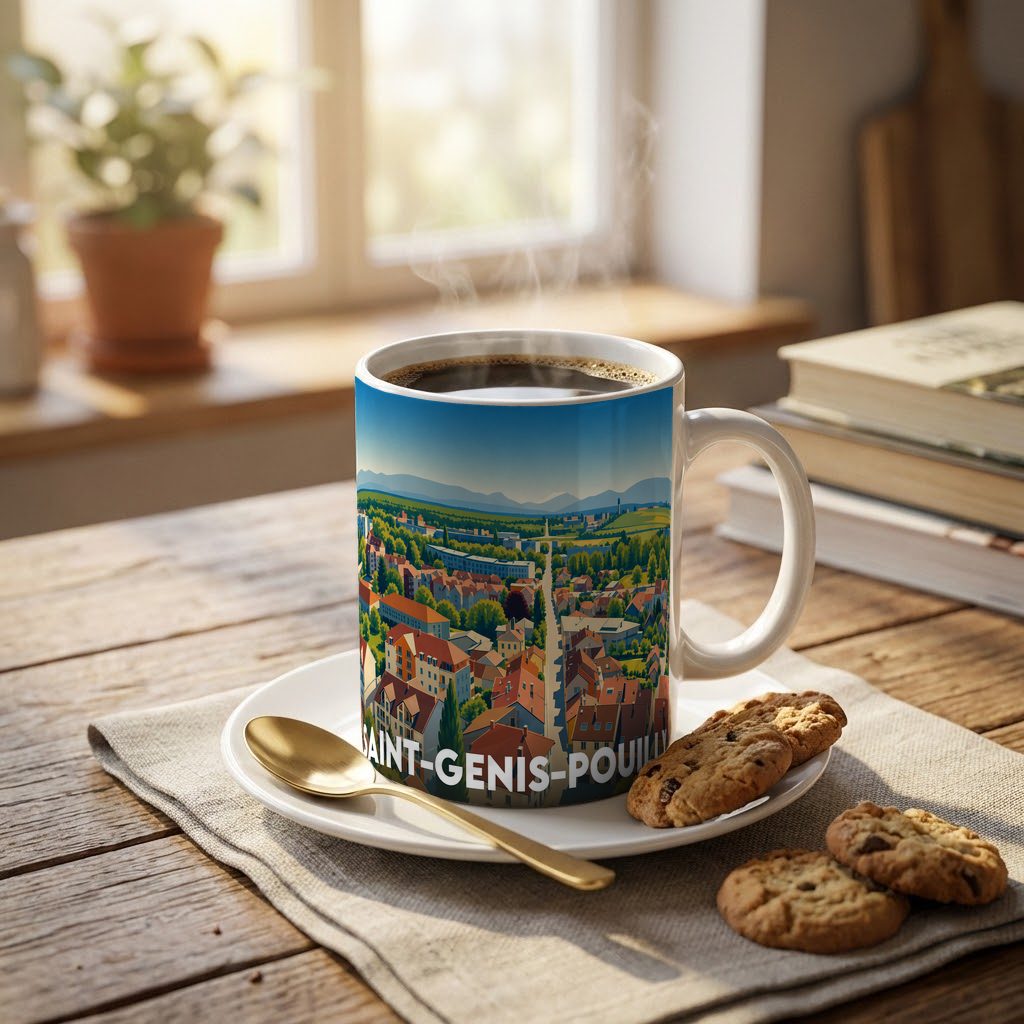 Mug souvenir de la ville de Saint-Genis-Pouilly avec une illustration panoramique stylisée.