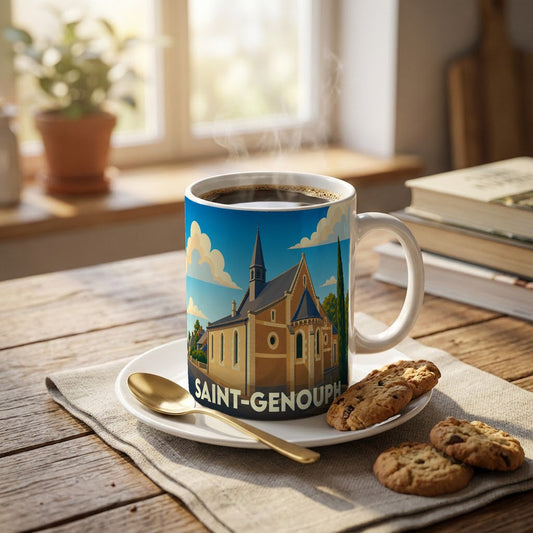Mug souvenir de la ville de Saint-Genouph orné d'une illustration stylisée de son église.