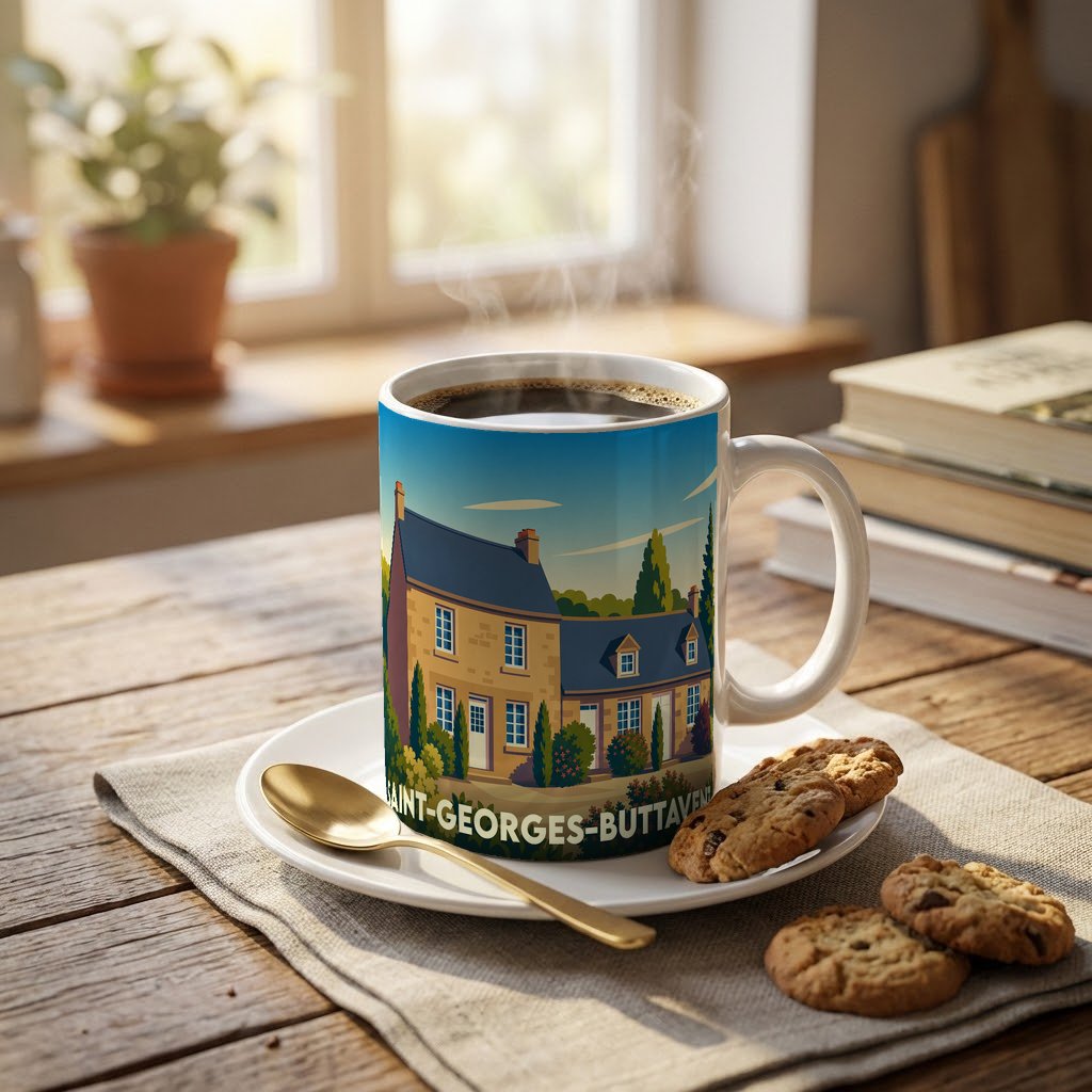 Mug souvenir de la ville de Saint-Georges-Buttavent orné d'une illustration stylisée de maison ancienne.