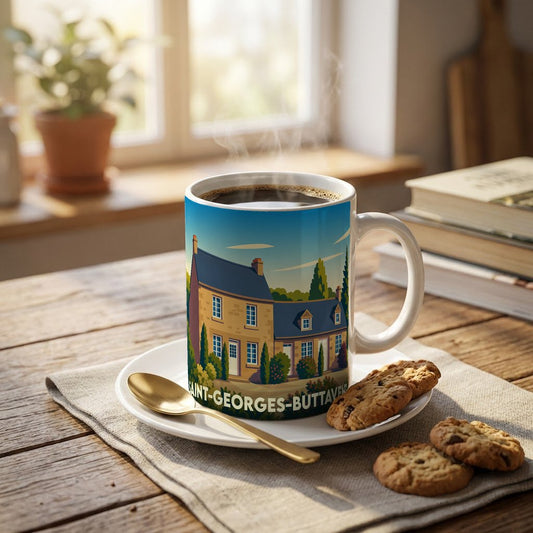 Mug souvenir de la ville de Saint-Georges-Buttavent orné d'une illustration stylisée de maison ancienne.