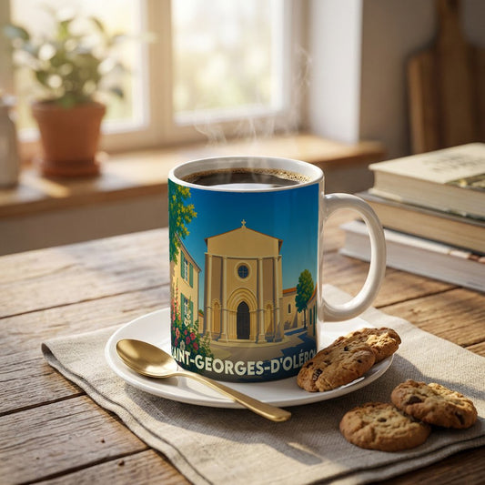 Mug souvenir de la ville de Saint-Georges-d'Oléron avec une illustration stylisée d'une église sous un ciel bleu.