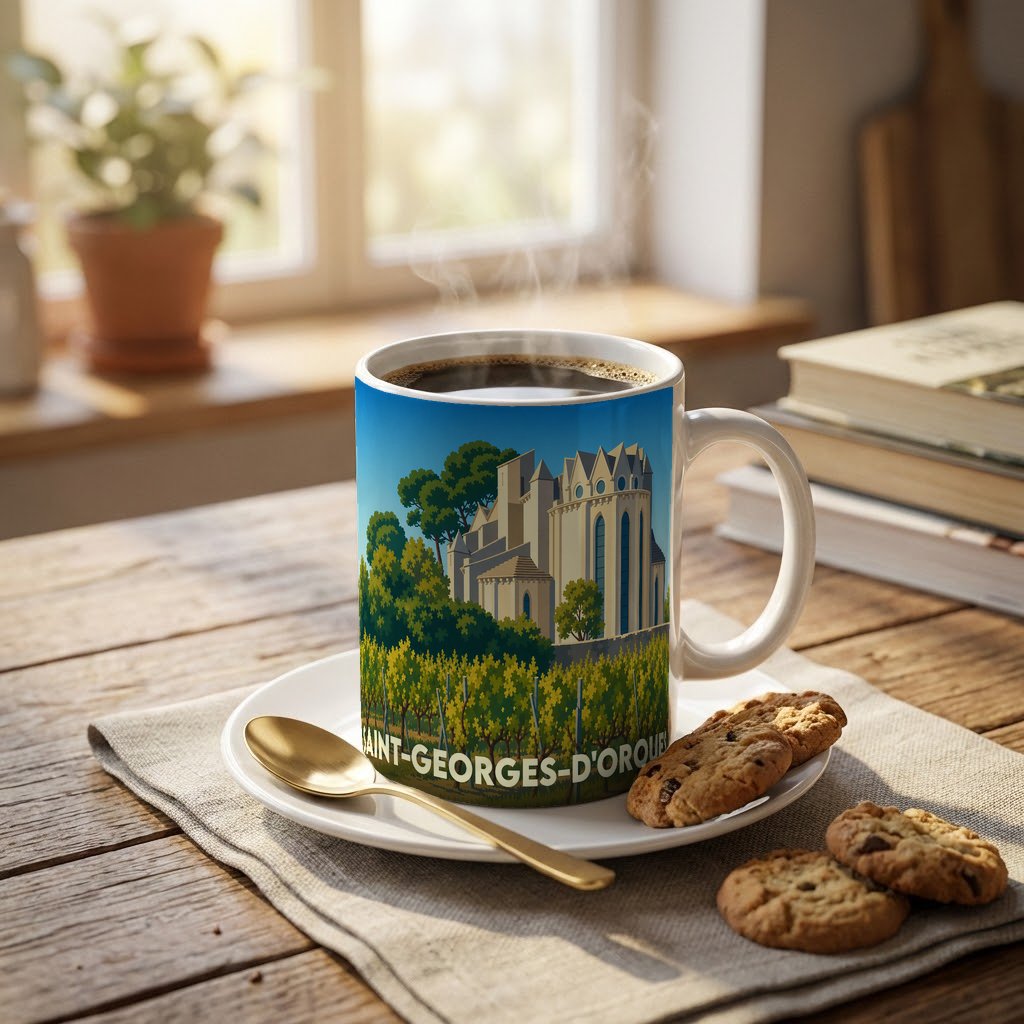 Mug souvenir de la ville de Saint-Georges-d'Orques orné d'une illustration stylisée de son patrimoine et de ses vignes.