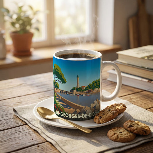 Mug souvenir de la ville de Saint-Georges-de-Didonne orné d'une illustration stylisée de son phare et de son port.