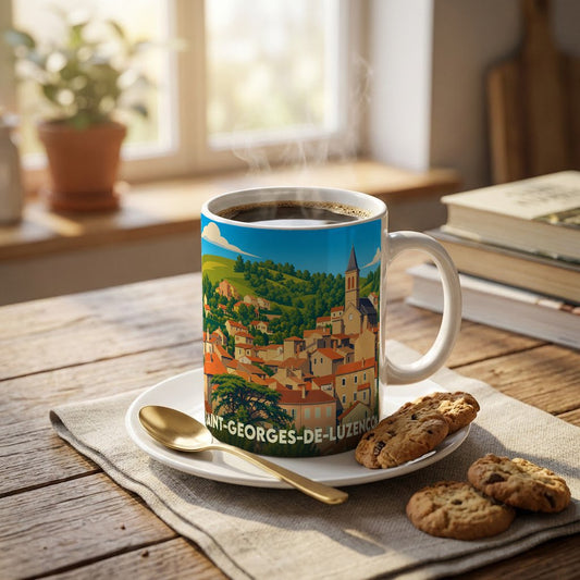 Mug souvenir de la ville de Saint-Georges-de-Luzençon orné d'une illustration panoramique colorée.