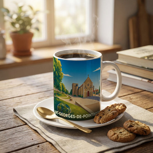 Mug souvenir de la ville de Saint-Georges-de-Pointindoux avec une illustration stylisée.