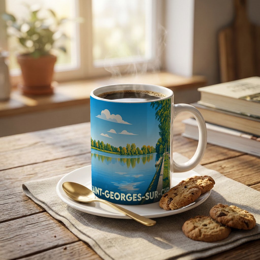 Mug souvenir de la ville de Saint-Georges-sur-Cher avec une illustration stylisée d'un paysage de bord de rivière.