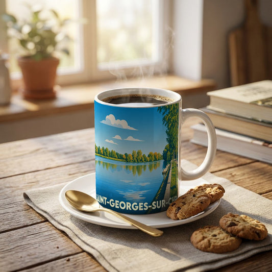 Mug souvenir de la ville de Saint-Georges-sur-Cher avec une illustration stylisée d'un paysage de bord de rivière.