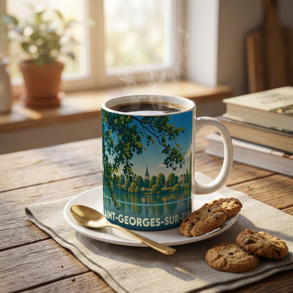 Mug souvenir de la ville de Saint-Georges-sur-Eure avec une illustration stylisée d'un paysage de bord d'eau.