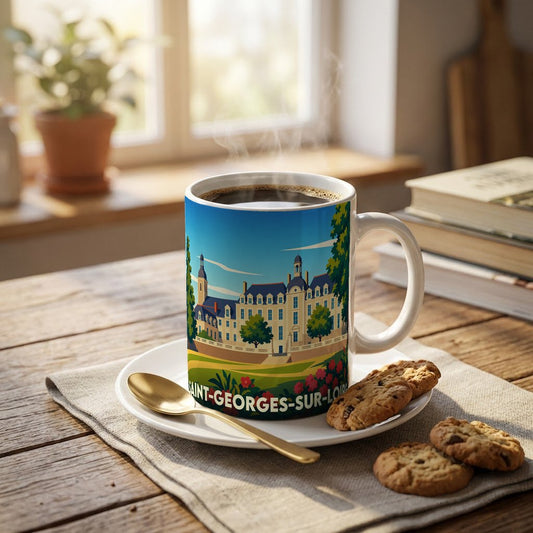 Mug souvenir de la ville de Saint-Georges-sur-Loire orné d'une illustration stylisée de son château.