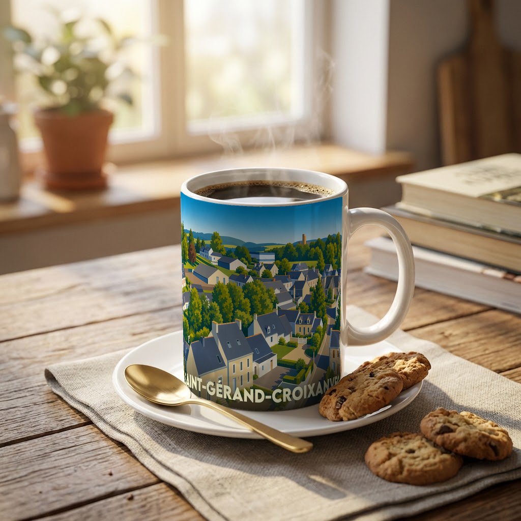 Mug souvenir de la ville de Saint-Gérand-Croixanvec avec une illustration stylisée.