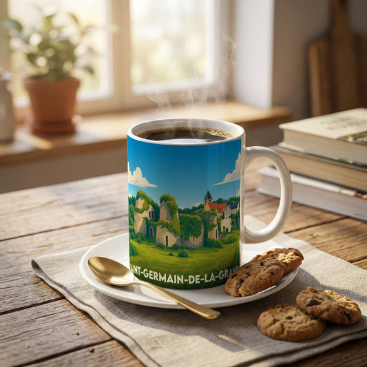 Mug souvenir de la ville de Saint-Germain-de-la-Grange orné d'une illustration stylisée de ses paysages et bâtiments historiques.