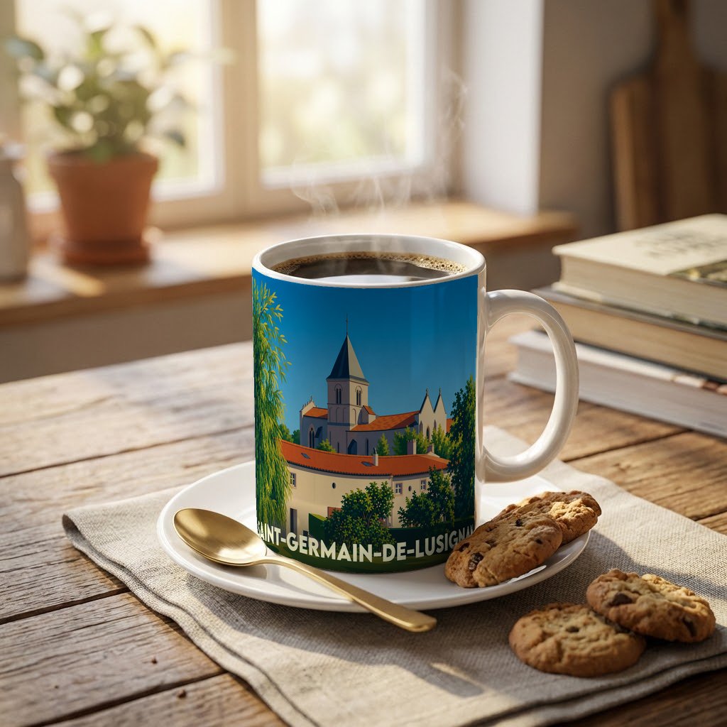 Mug souvenir de la ville de Saint-Germain-de-Lusignan avec une illustration stylisée d'une église et de maisons.