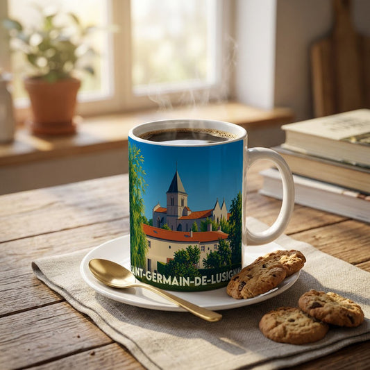 Mug souvenir de la ville de Saint-Germain-de-Lusignan avec une illustration stylisée d'une église et de maisons.