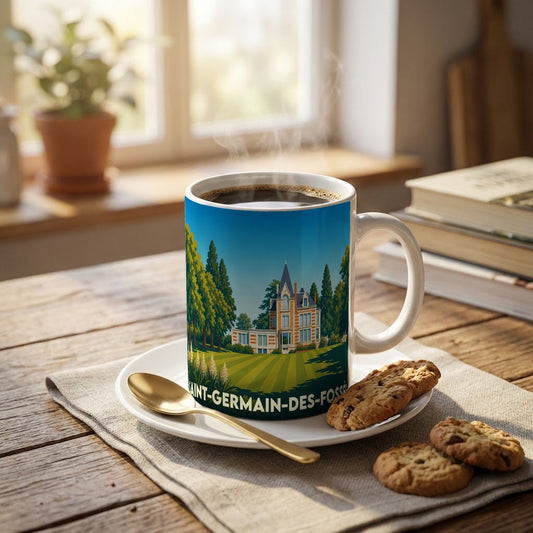 Mug souvenir de la ville de Saint-Germain-des-Fossés orné d'une illustration stylisée d'un manoir entouré de verdure.