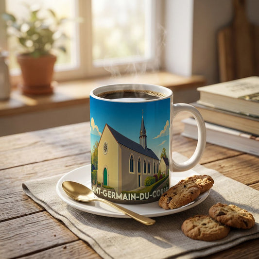 Mug souvenir de la ville de Saint-Germain-du-Corbéis avec une illustration stylisée de son église.