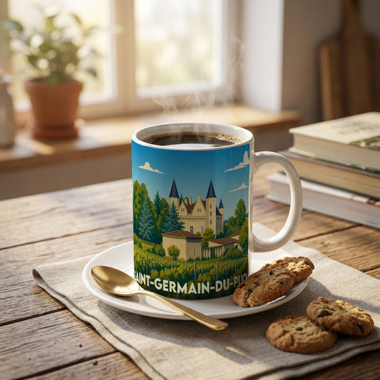 Mug souvenir de la ville de Saint-Germain-du-Puch avec une illustration stylisée d'un château et de vignobles.