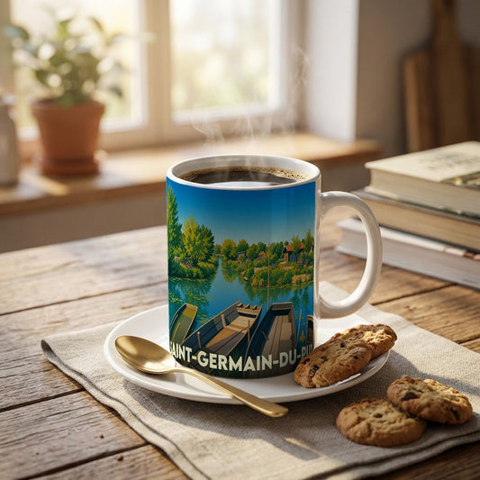 Mug souvenir de la ville de Saint-Germain-du-Puy orné d'une illustration stylisée de barques sur un canal.
