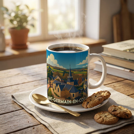 Mug souvenir de la ville de Saint-Germain-en-Coglès avec une illustration stylisée d'un paysage urbain.