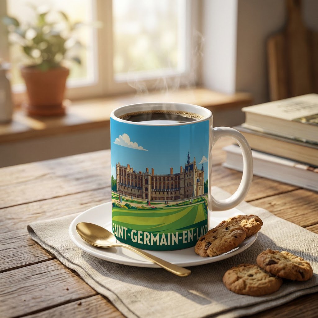 Mug souvenir de la ville de Saint-Germain-en-Laye avec une illustration stylisée de son château.