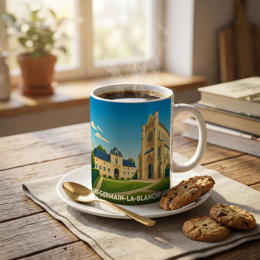 Mug souvenir de la ville de Saint-Germain-la-Blanche-Herbe avec une illustration stylisée de son patrimoine.