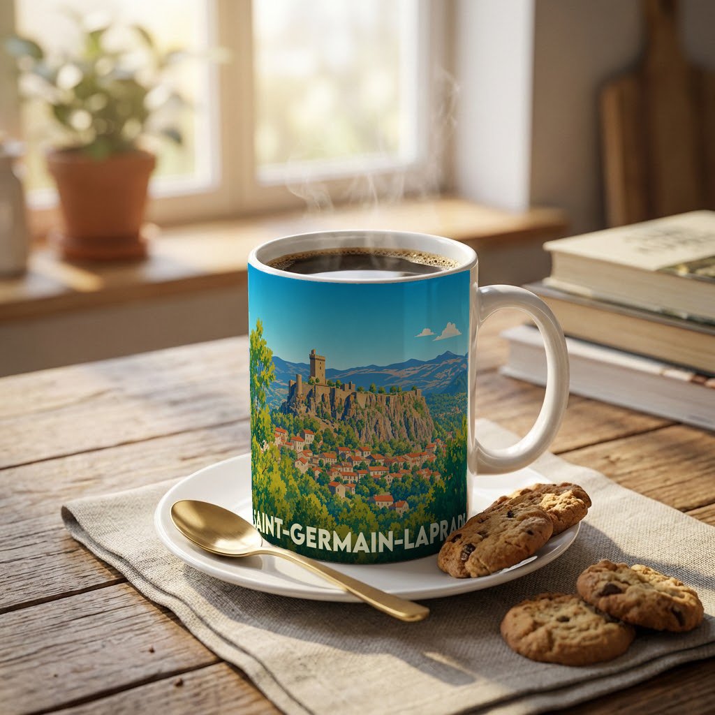 Mug souvenir de la ville de Saint-Germain-Laprade avec une illustration stylisée d'un château surplombant un village.