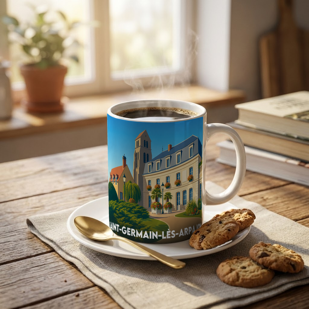 Mug souvenir de la ville de Saint-Germain-lès-Arpajon orné d'une illustration stylisée de son architecture.