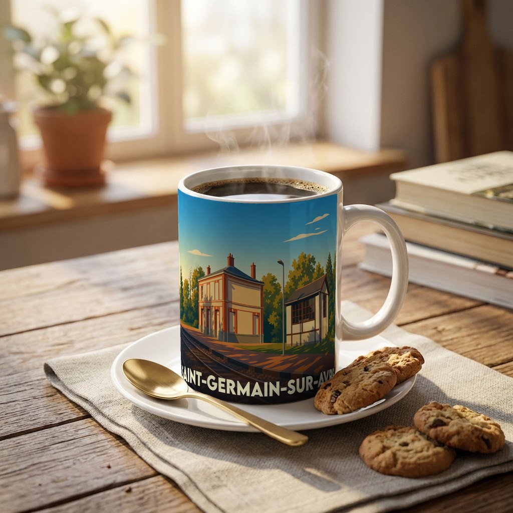 Mug souvenir de la ville de Saint-Germain-sur-Avre orné d'une illustration stylisée de sa gare.
