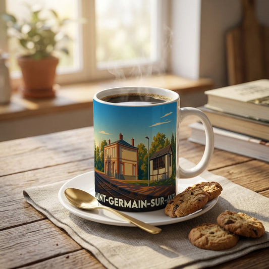 Mug souvenir de la ville de Saint-Germain-sur-Avre orné d'une illustration stylisée de sa gare.