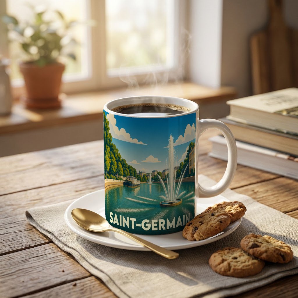Mug souvenir de la ville de Saint-Germain avec une illustration stylisée d'un parc et de ses jets d'eau.